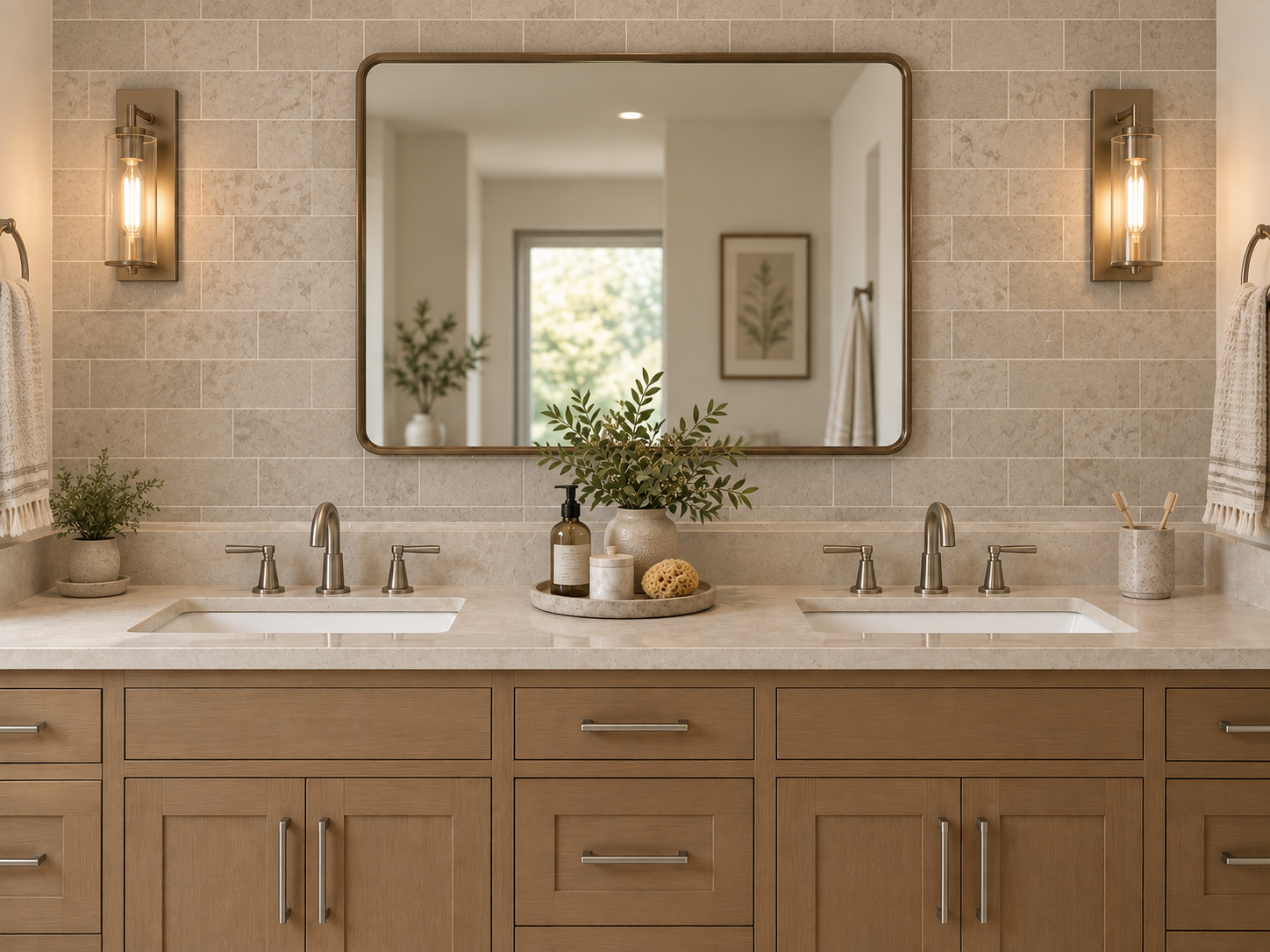 Bathroom vanity backsplash tile installation with double sink in Irvine