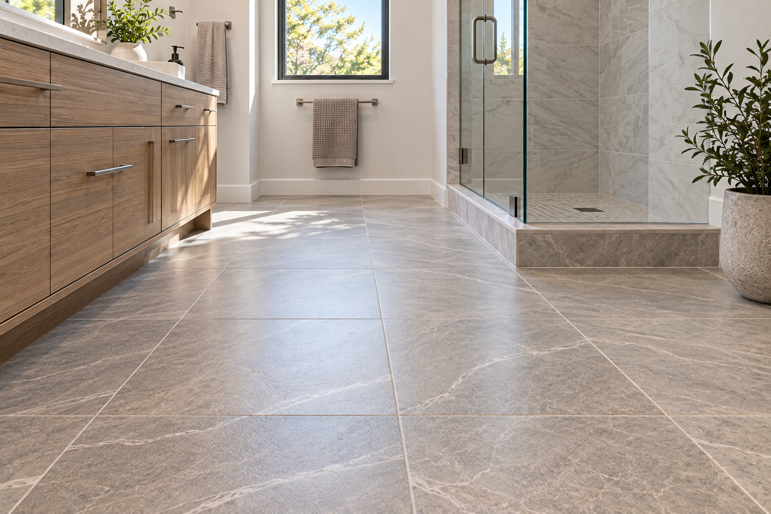 Porcelain bathroom floor tile installation in Irvine