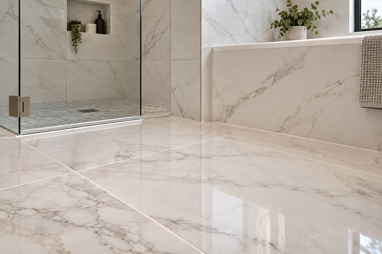 Large-format porcelain bathroom tile with aligned grout joints in Irvine