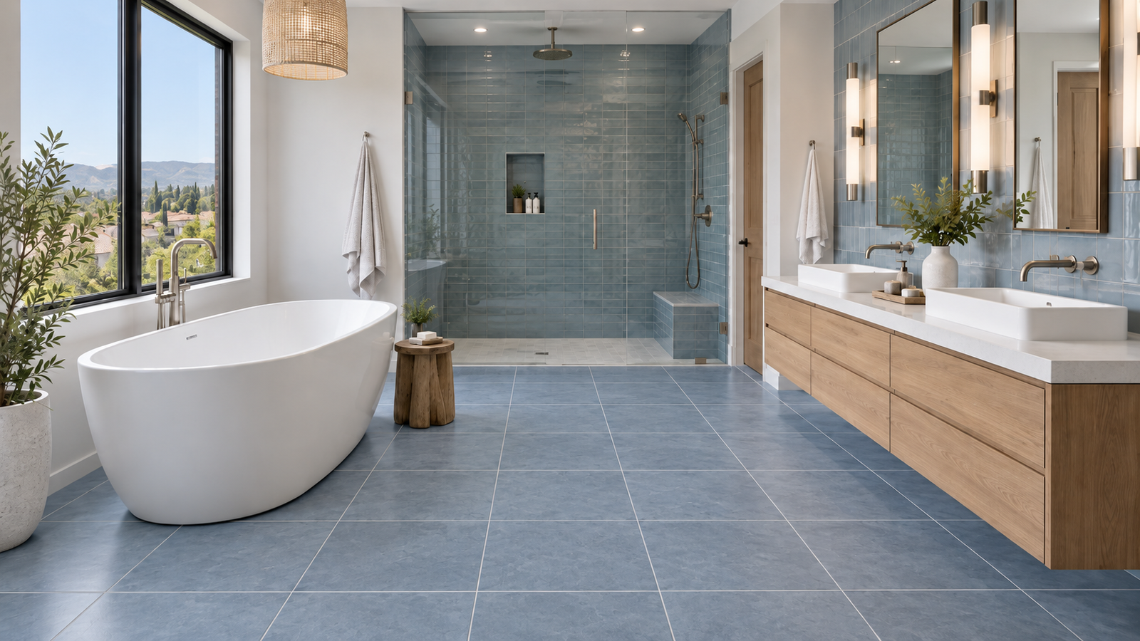 Modern Irvine bathroom with blue tile flooring, tiled shower, and freestanding tub