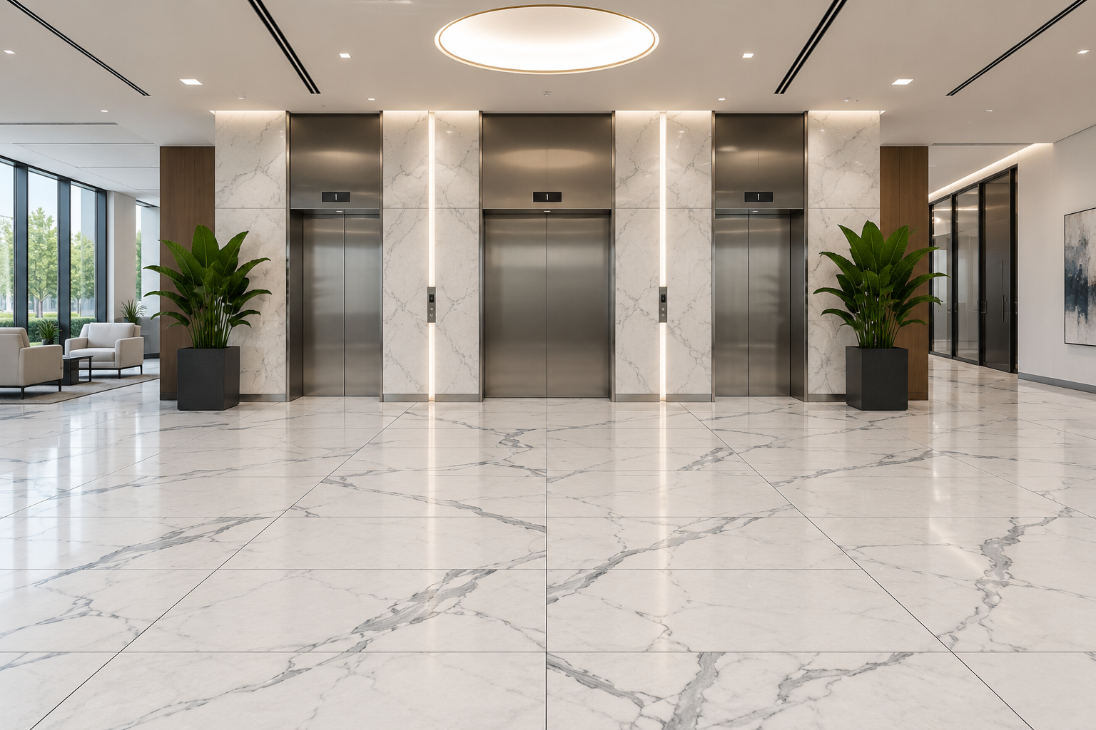 Large-format porcelain floor tile in an Irvine commercial elevator lobby