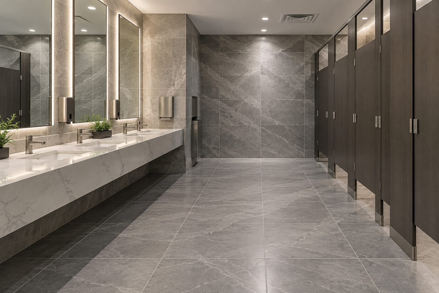 Commercial tile installation Irvine CA restroom with porcelain floor and wall tile