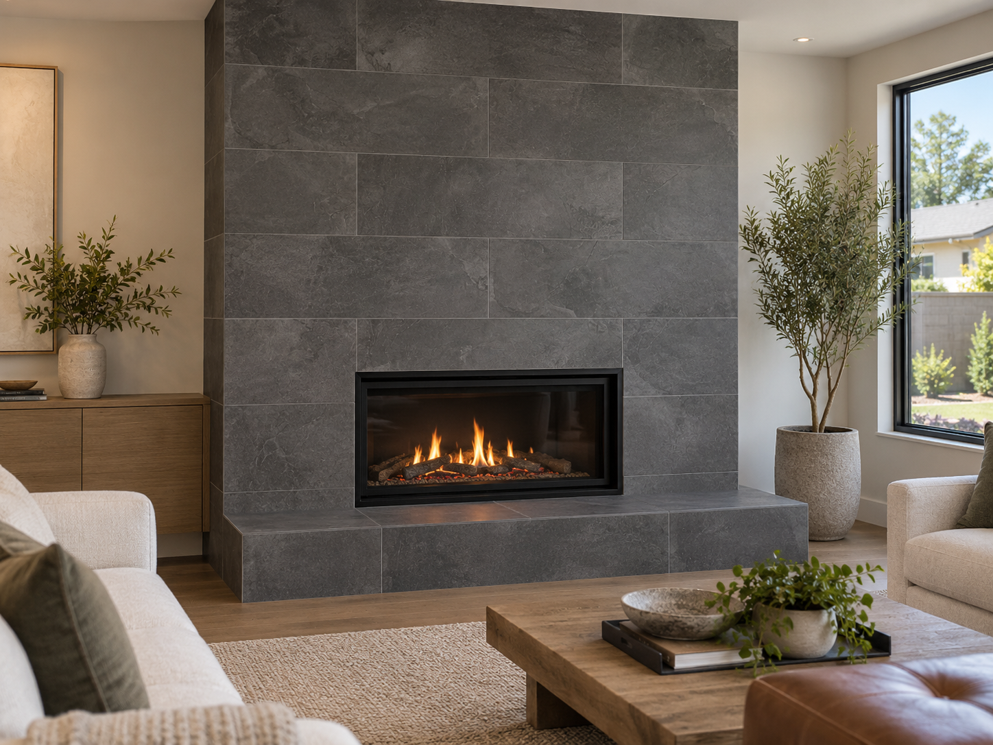 Large-format porcelain fireplace tile installation in Irvine