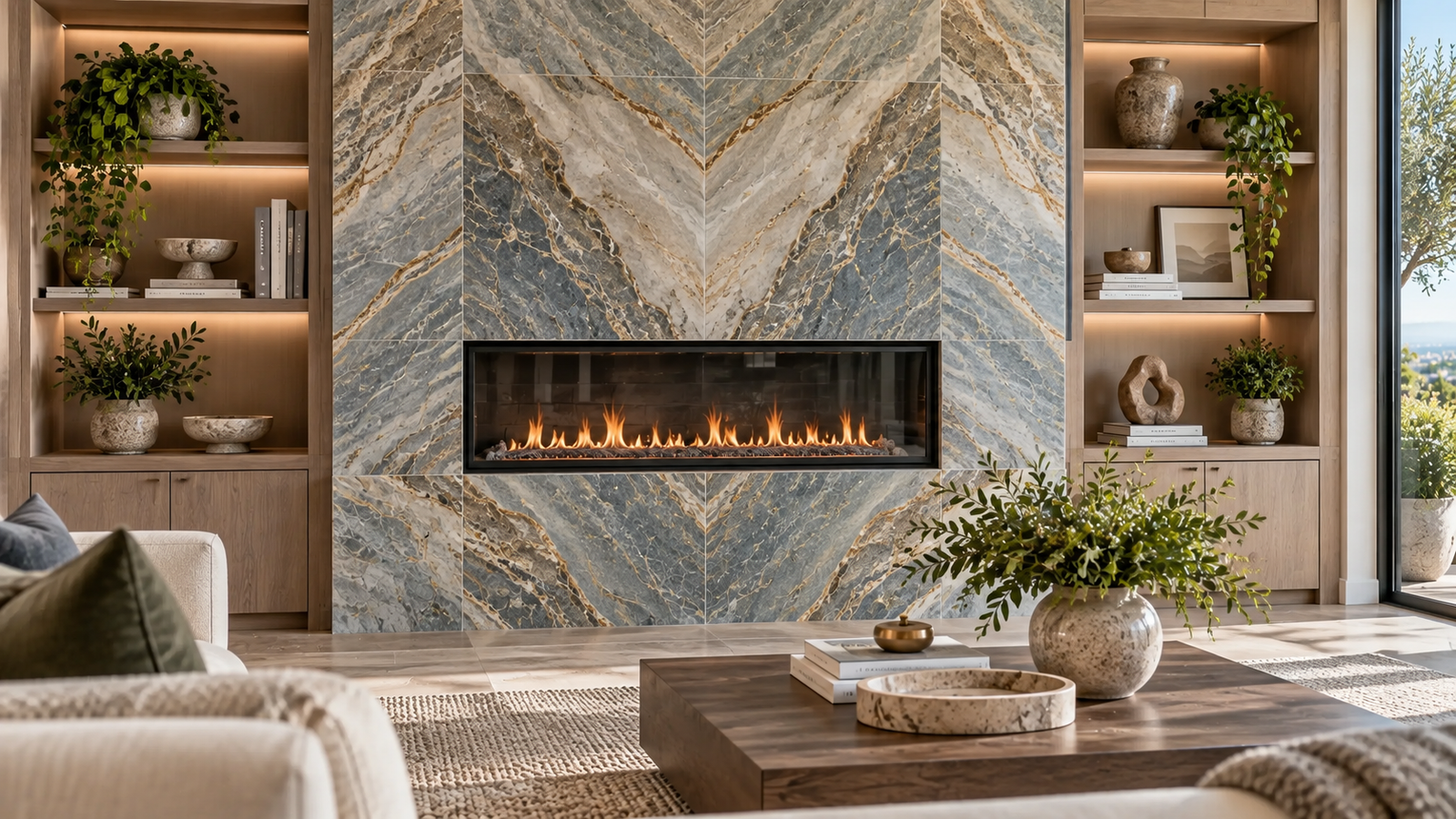 Bookmatched marble-look porcelain tile fireplace surround in a modern Irvine living room