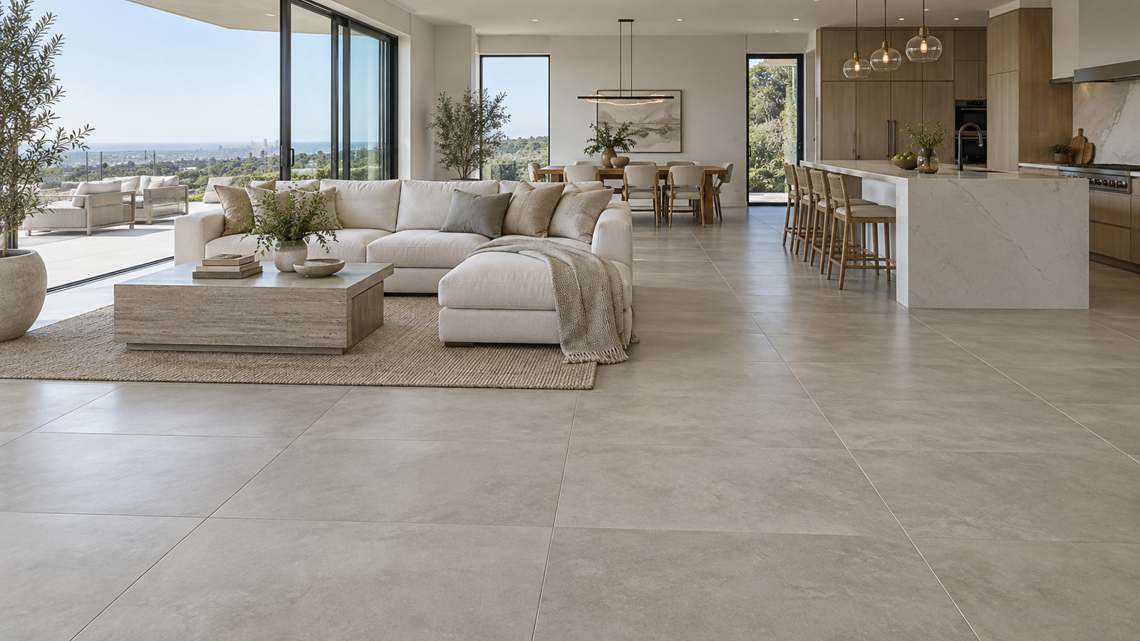 Large-format porcelain tile flooring in an Irvine interior