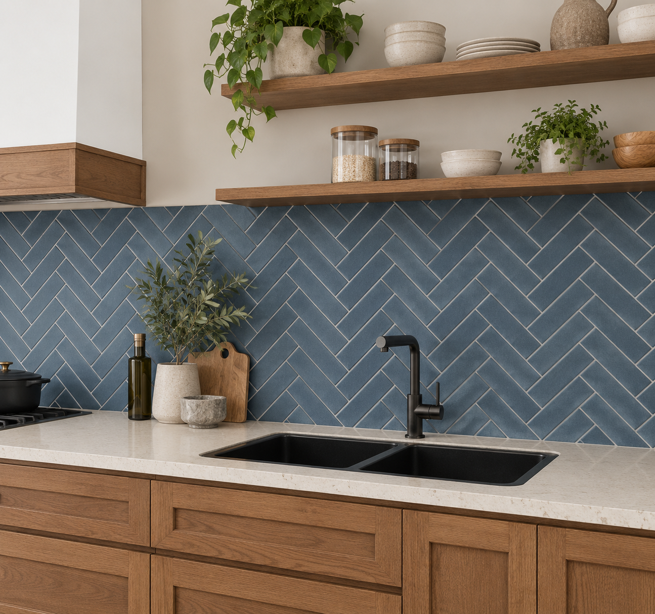 Blue herringbone tile kitchen backsplash replacement in Irvine