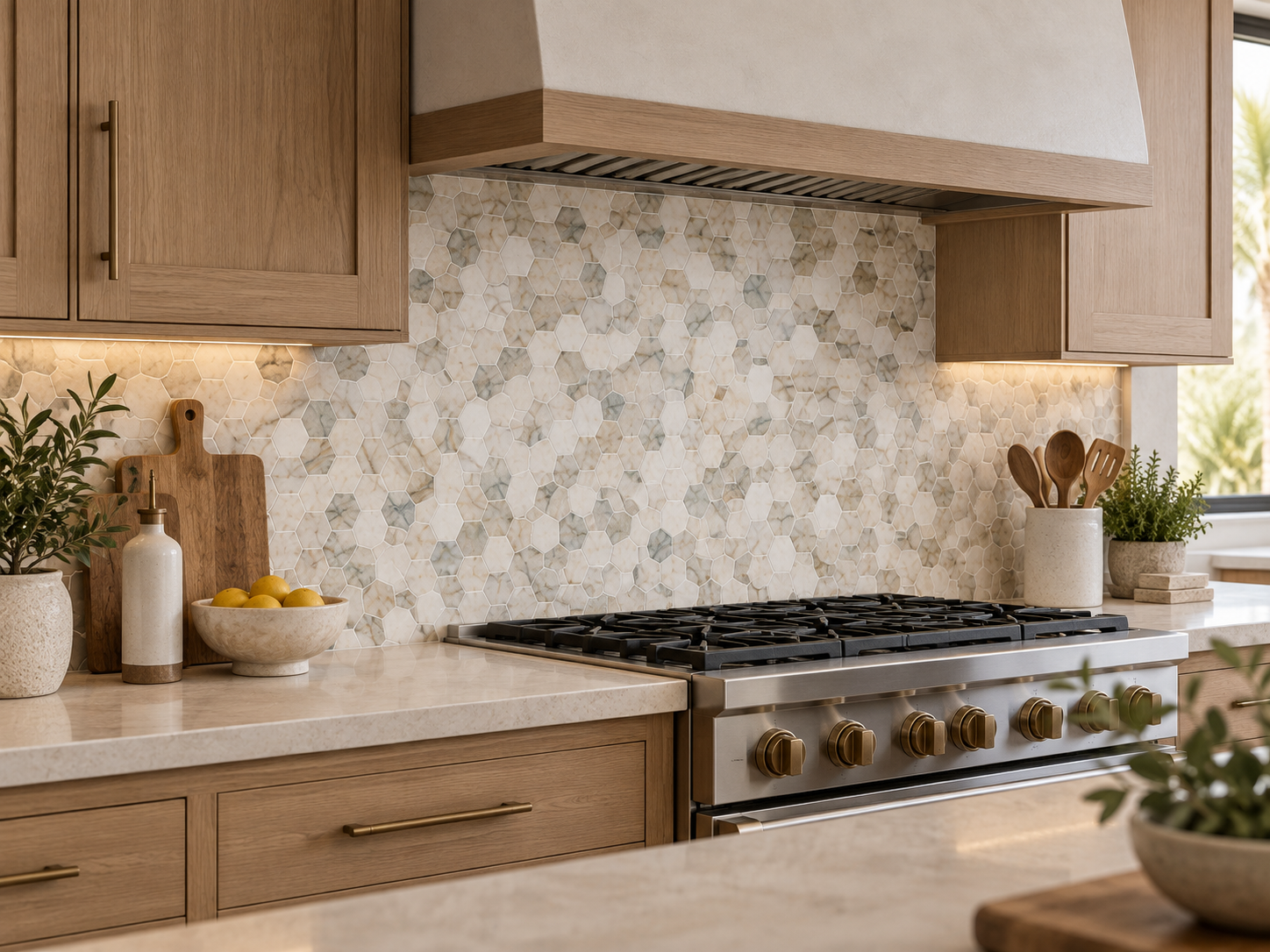 Marble hexagon tile kitchen backsplash installation in Irvine