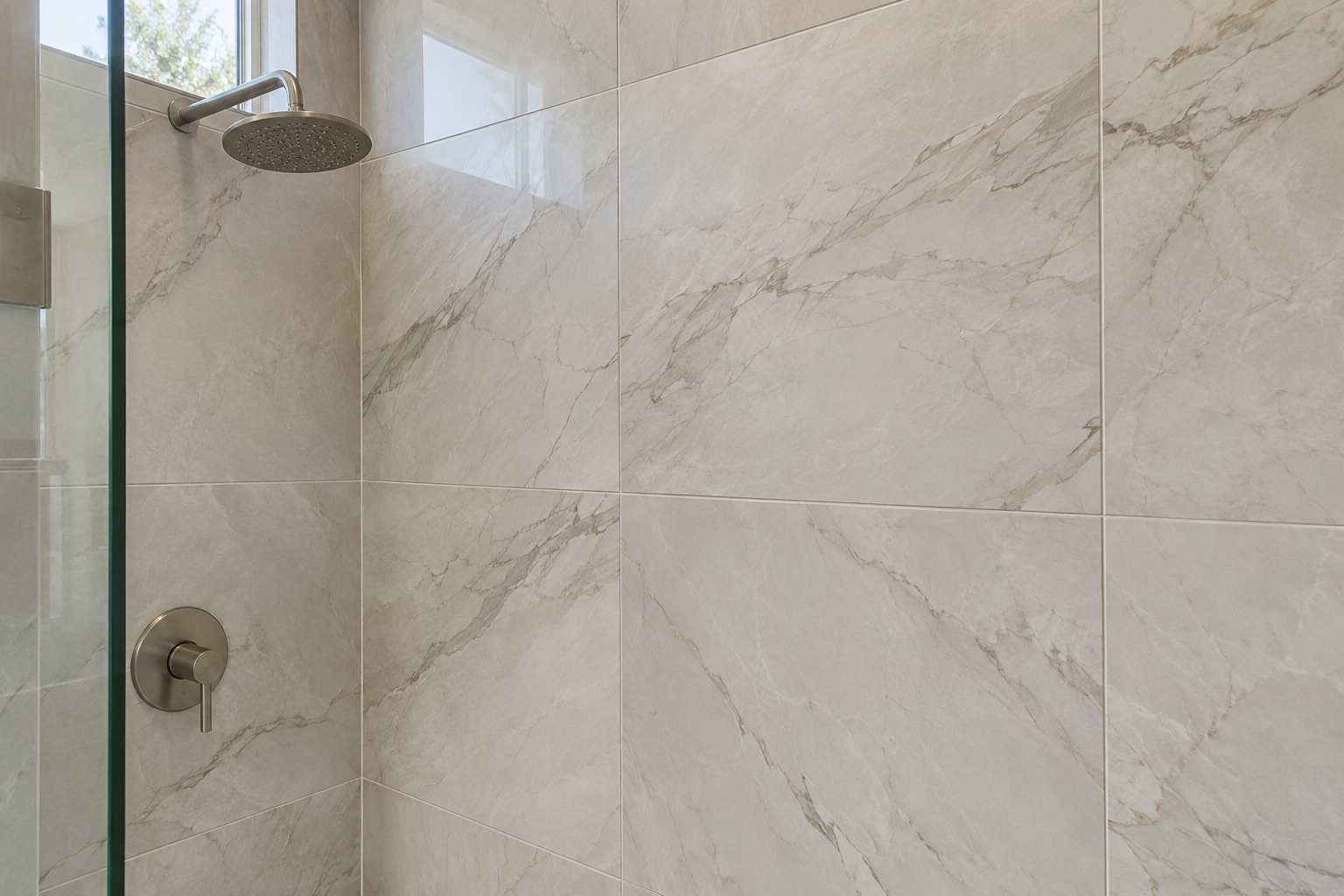 Large-format porcelain shower tile with aligned grout joints in Irvine