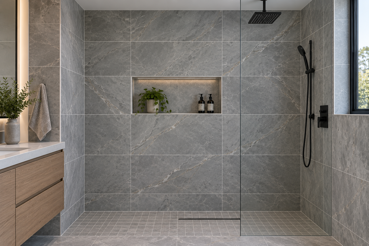 Large-format porcelain shower wall tile installation in Irvine