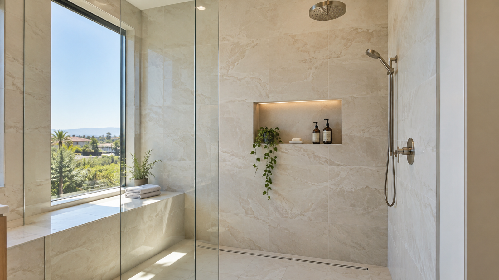 Modern curbless shower with porcelain tile in Irvine