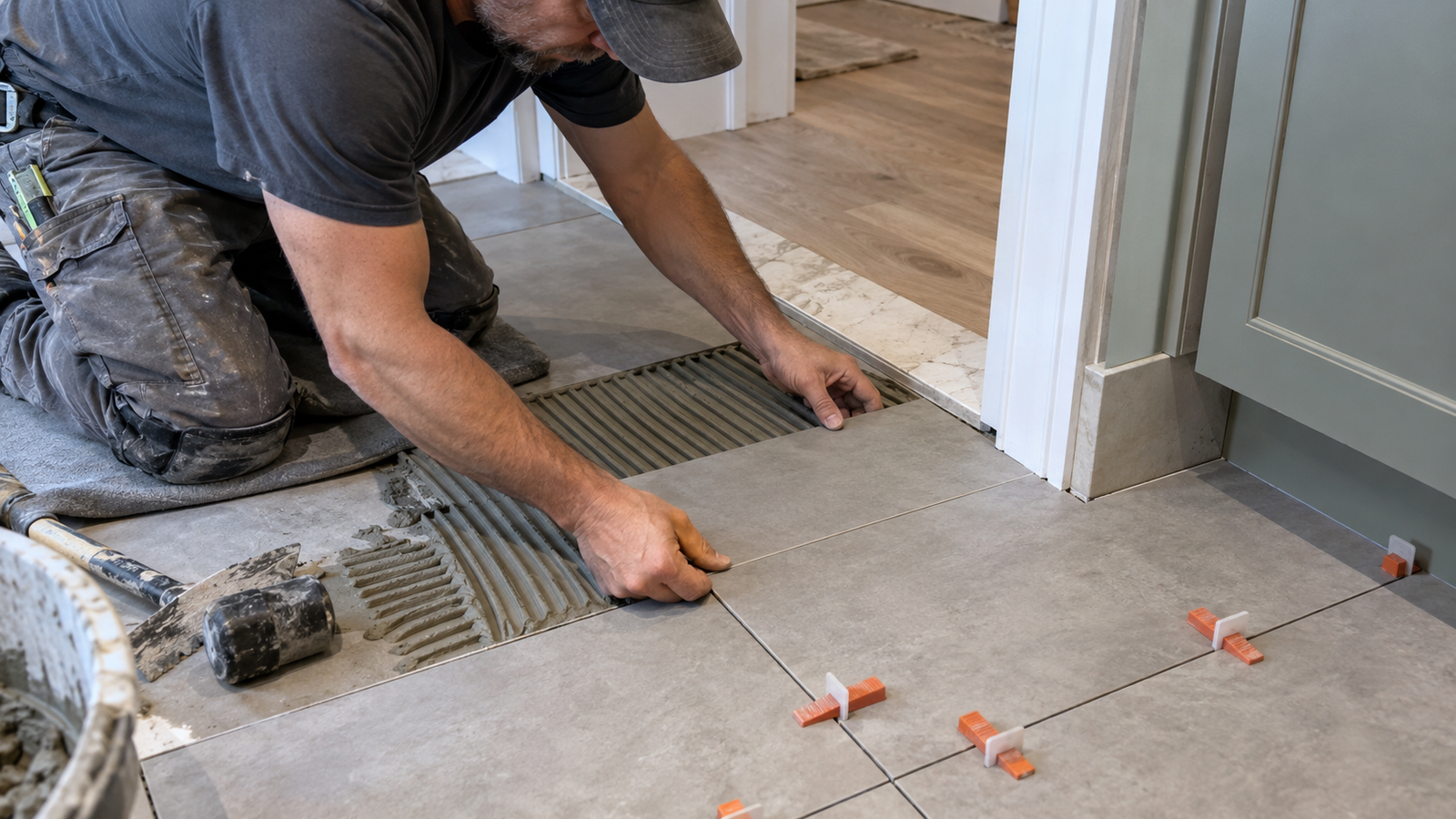 Detailed tile installation in Irvine at a doorway transition with precise cuts and floor leveling clips